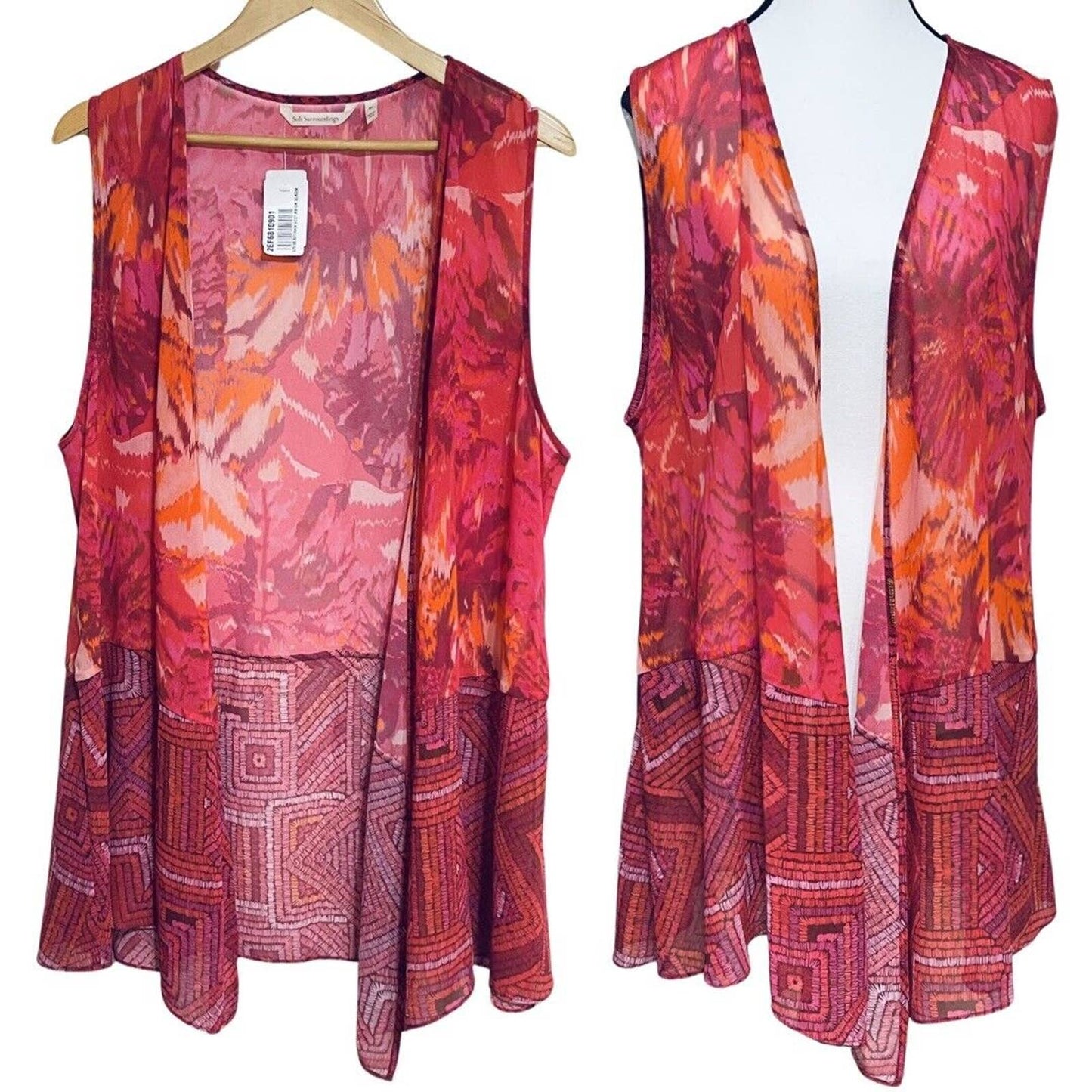 Soft Surroundings Betania Vest Sz XL Tunic Pink Floral Geometric Cruise Wear