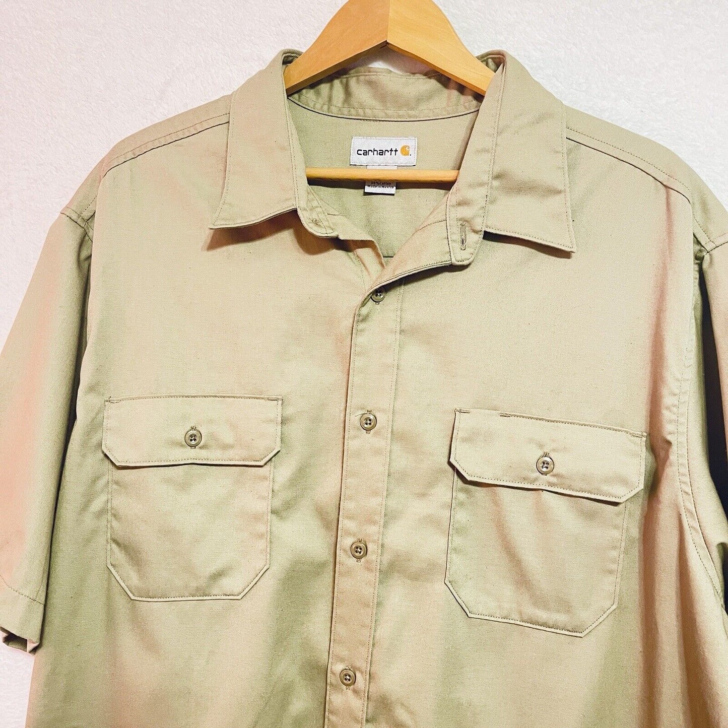Carhartt Mens 2XL S223 Khaki Twill Short Sleeve Button Up Work Shirt Pockets