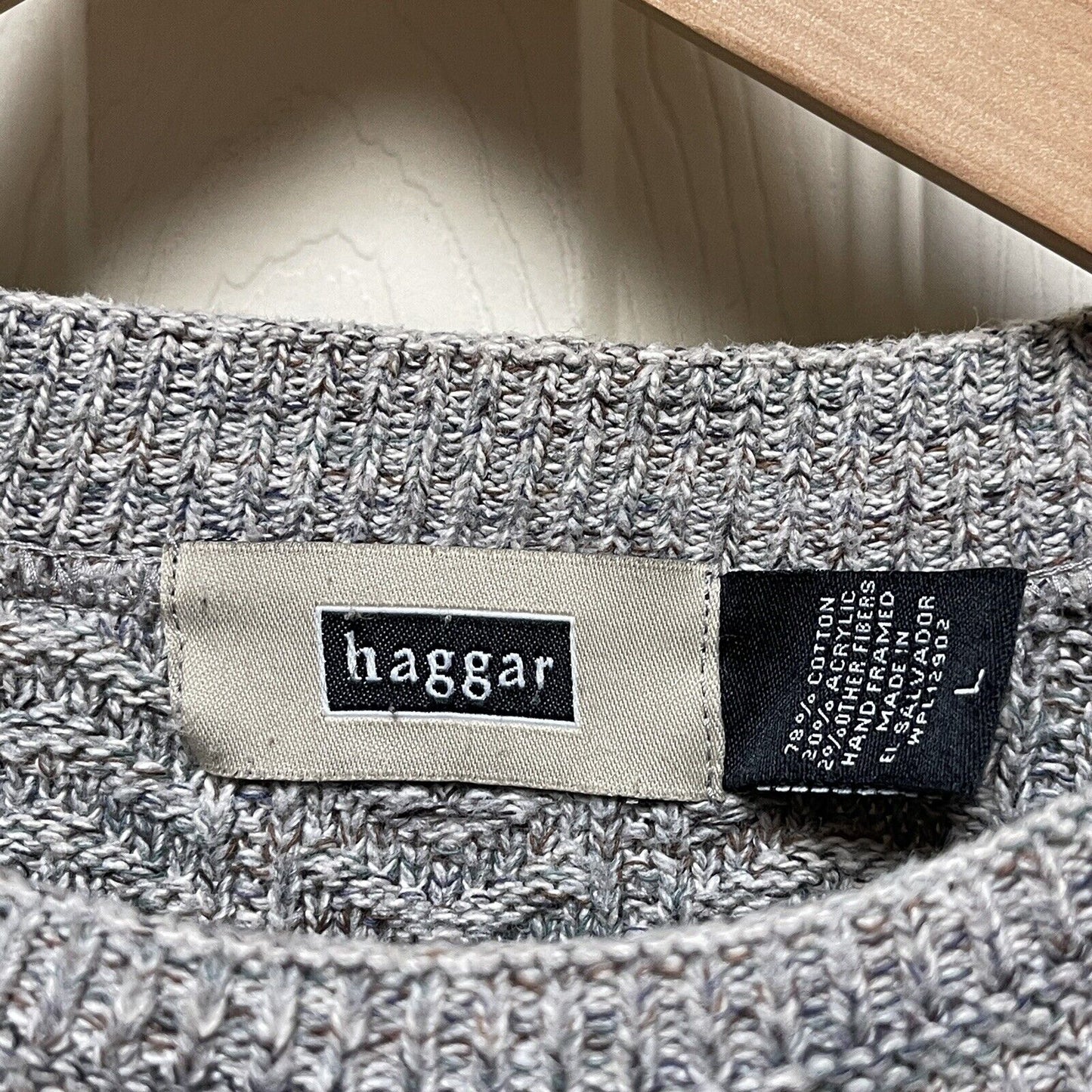 Mens Haggar Gray Blue Chevron Knit Pullover Cotton Blend Sweater Size L
