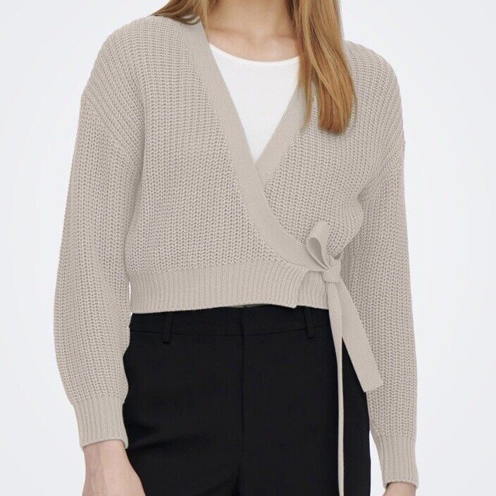 ONLY Long Sleeve Wrap Cardigan Womens Sz M Crop Top Sweater Waist Tie Boho