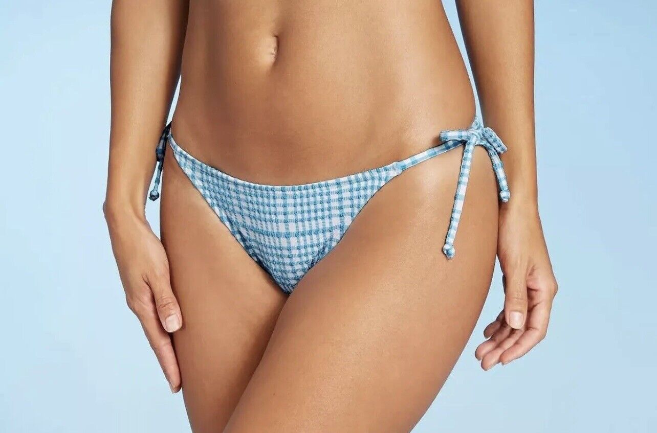Juniors Cheeky Size Medium Tie Bikini Bottom Textured Plaid Blue Xhilaration