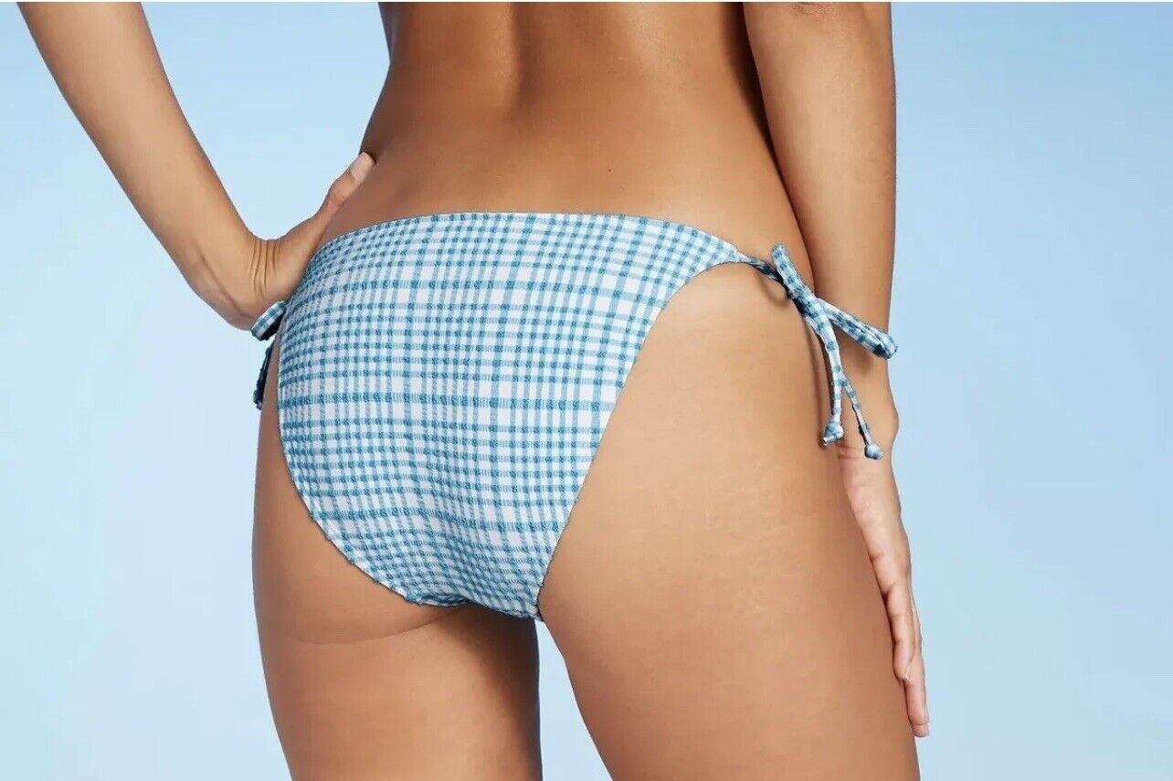 Juniors Cheeky Size Medium Tie Bikini Bottom Textured Plaid Blue Xhilaration