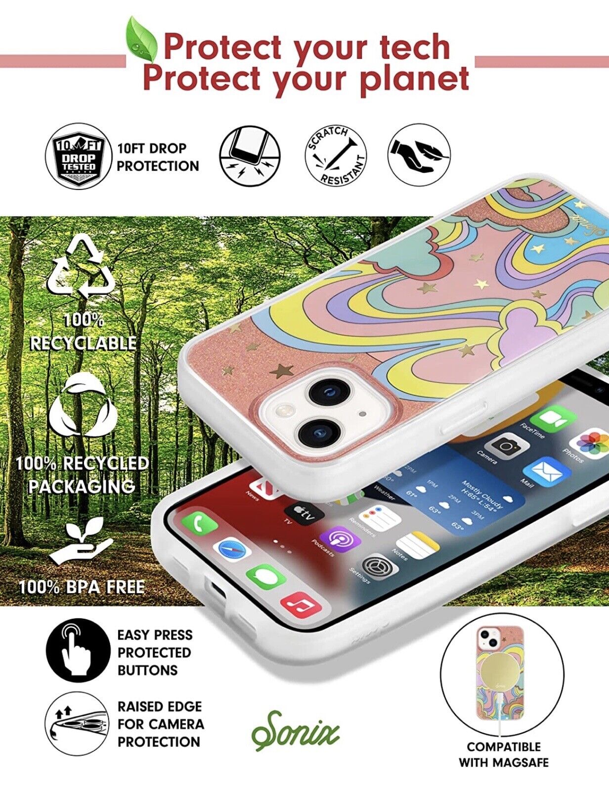 Sonix Phone Case iPhone 14 Pro MagSafe Compatible Rainbow Hearts 10 ft Drop Test