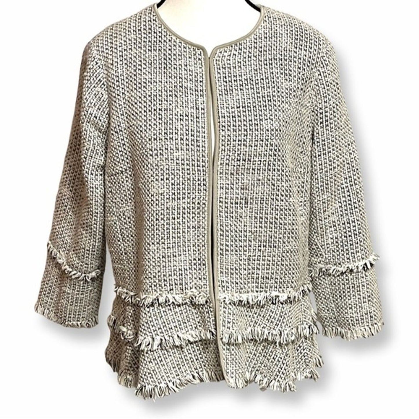 T Tahari Madeline Antique Silver Woven 3/4 Sleeve Fringe Trim Jacket Size Medium