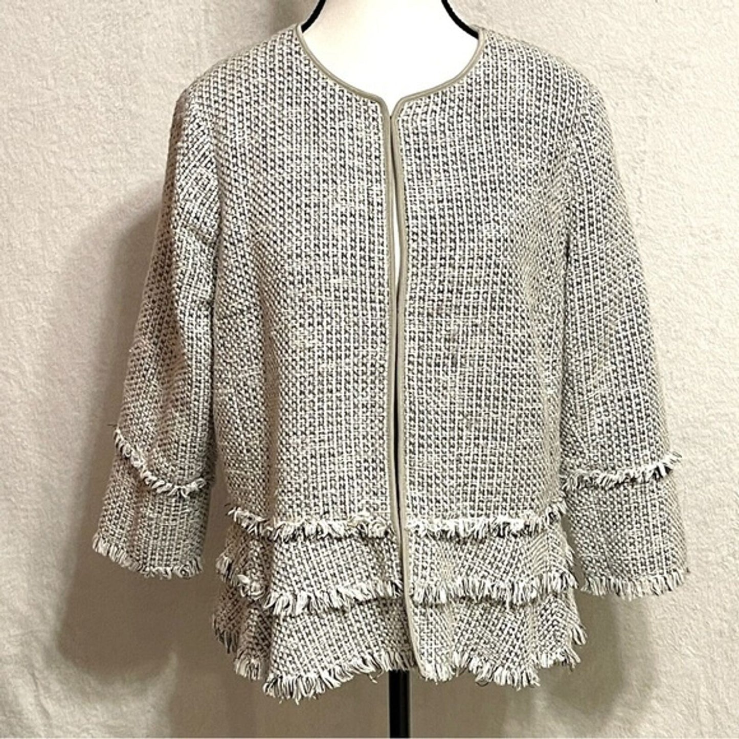 T Tahari Madeline Antique Silver Woven 3/4 Sleeve Fringe Trim Jacket Size Medium