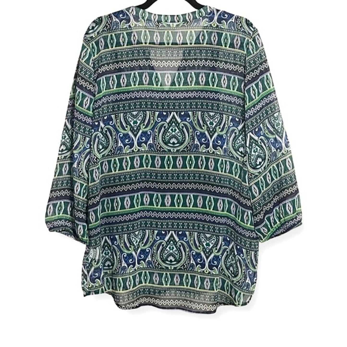 Liz Claiborne Blue Green Abstract Paisley Boho Tunic Blouse 3/4 Sleeves Large