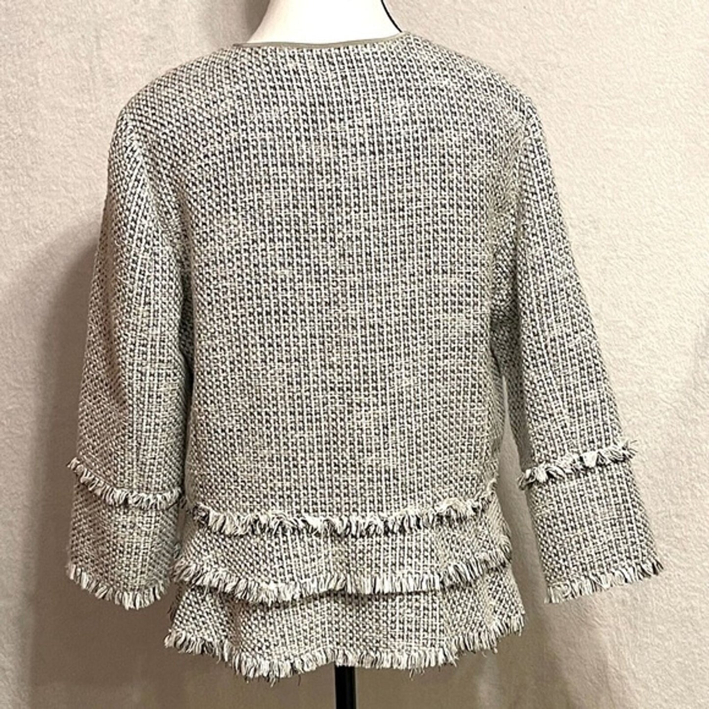 T Tahari Madeline Antique Silver Woven 3/4 Sleeve Fringe Trim Jacket Size Medium