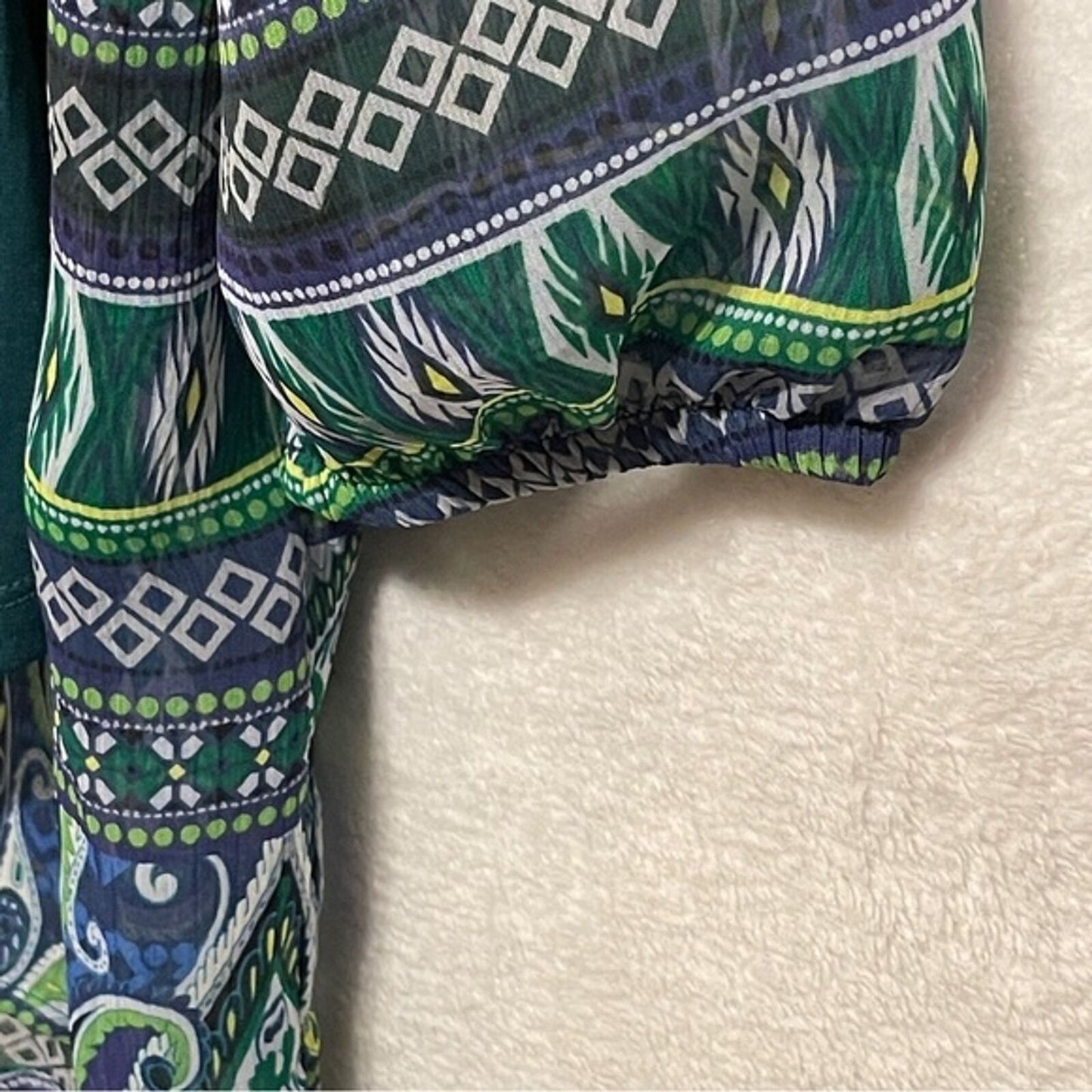 Liz Claiborne Blue Green Abstract Paisley Boho Tunic Blouse 3/4 Sleeves Large