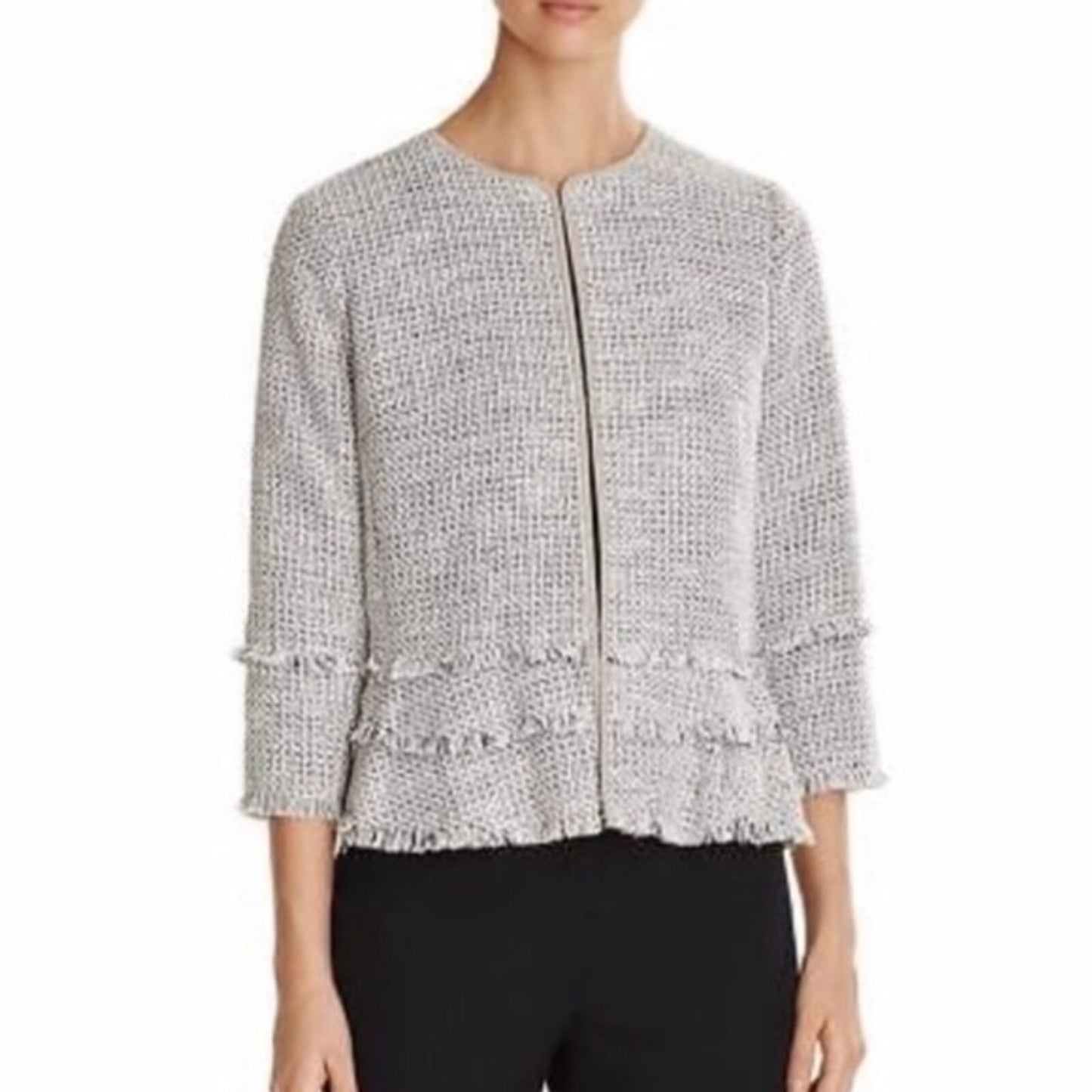 T Tahari Madeline Antique Silver Woven 3/4 Sleeve Fringe Trim Jacket Size Medium