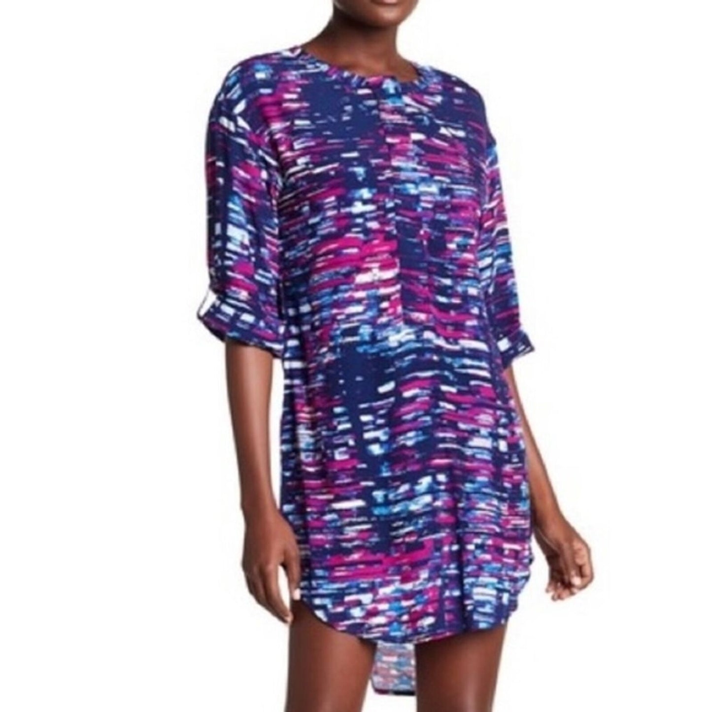 Michael Stars Barcelona Crepe Print Colorful Abstract Shirt Dress Large