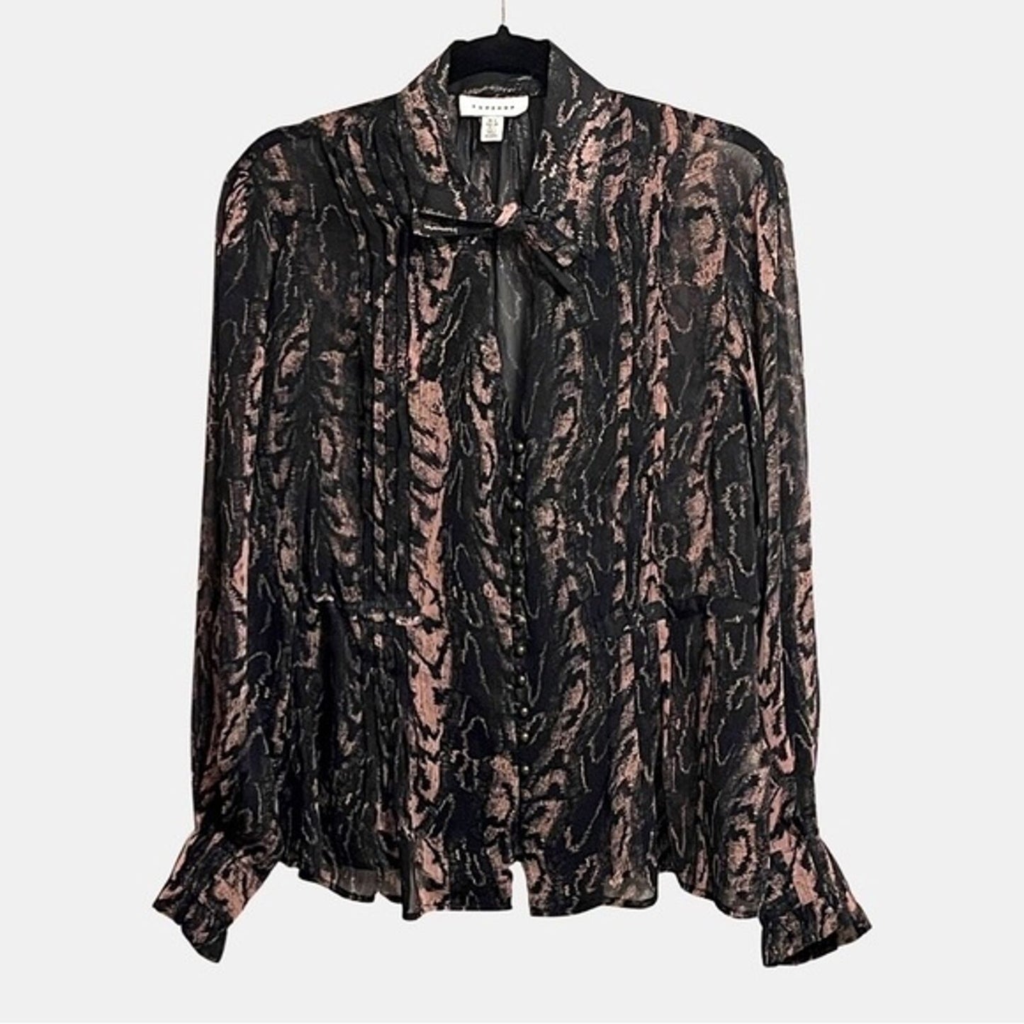 Topshop Long Sleeve Sheer Black Pink Animal Print Blouse Size S/M