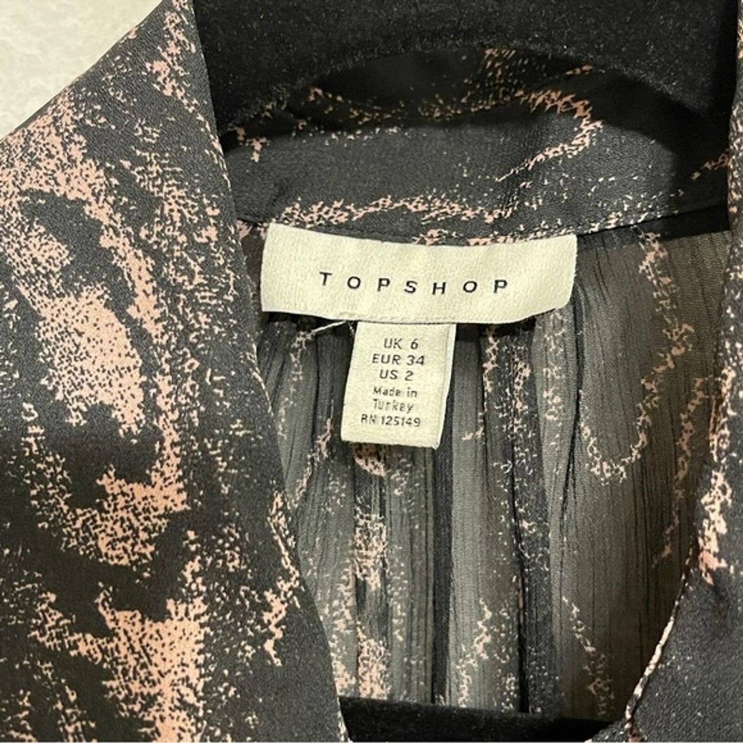 Topshop Long Sleeve Sheer Black Pink Animal Print Blouse Size S/M