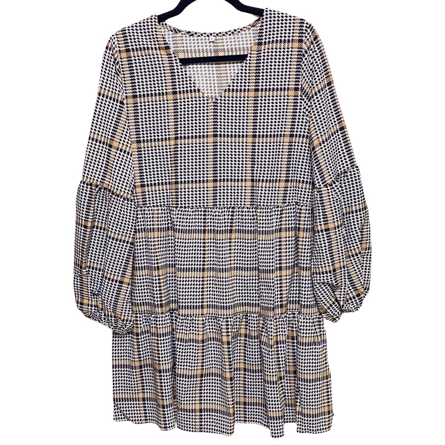 Houndstooth Plaid Size L Lightweight Swing Shift Dress Long Sleeve V Neck Tunic