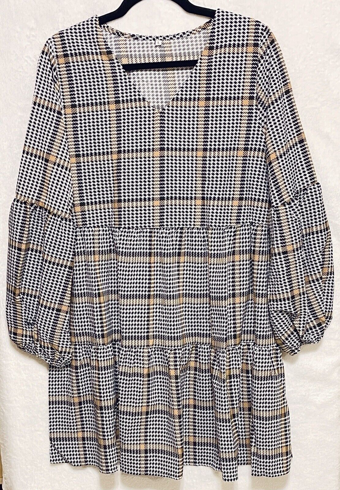 Houndstooth Plaid Size L Lightweight Swing Shift Dress Long Sleeve V Neck Tunic
