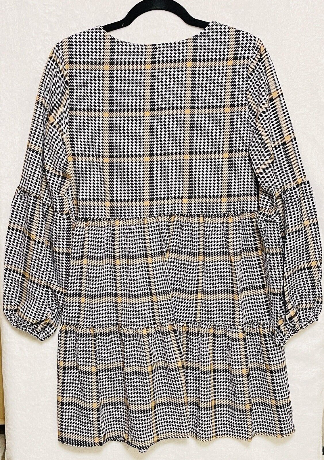 Houndstooth Plaid Size L Lightweight Swing Shift Dress Long Sleeve V Neck Tunic