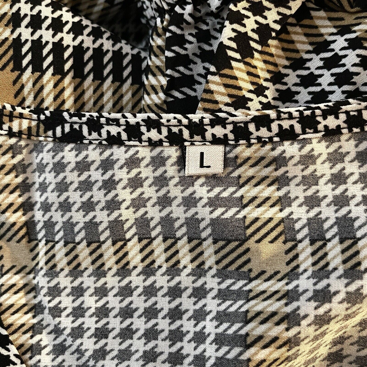 Houndstooth Plaid Size L Lightweight Swing Shift Dress Long Sleeve V Neck Tunic