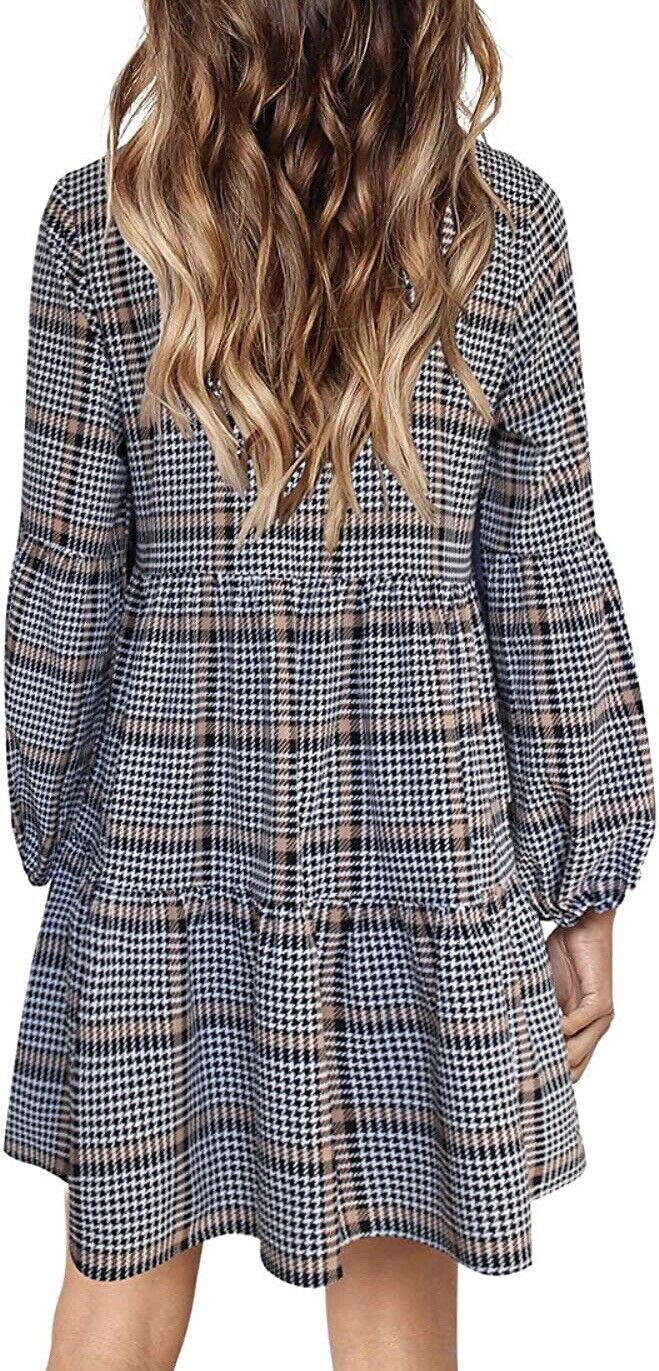 Houndstooth Plaid Size L Lightweight Swing Shift Dress Long Sleeve V Neck Tunic