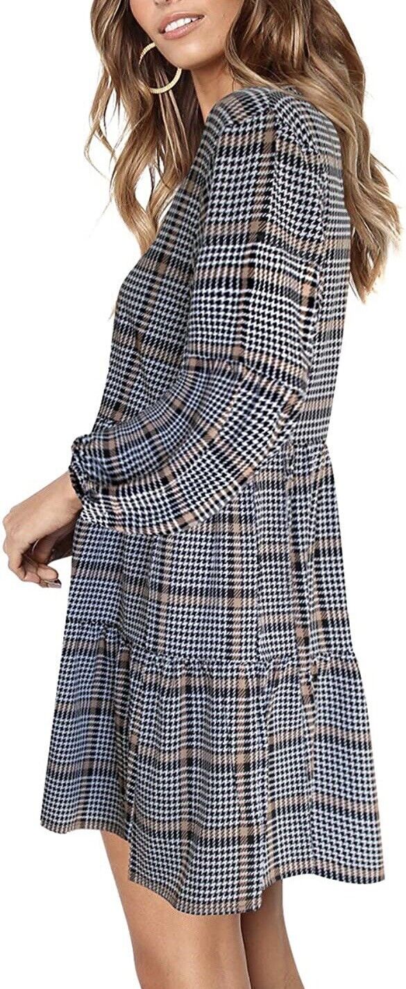 Houndstooth Plaid Size L Lightweight Swing Shift Dress Long Sleeve V Neck Tunic