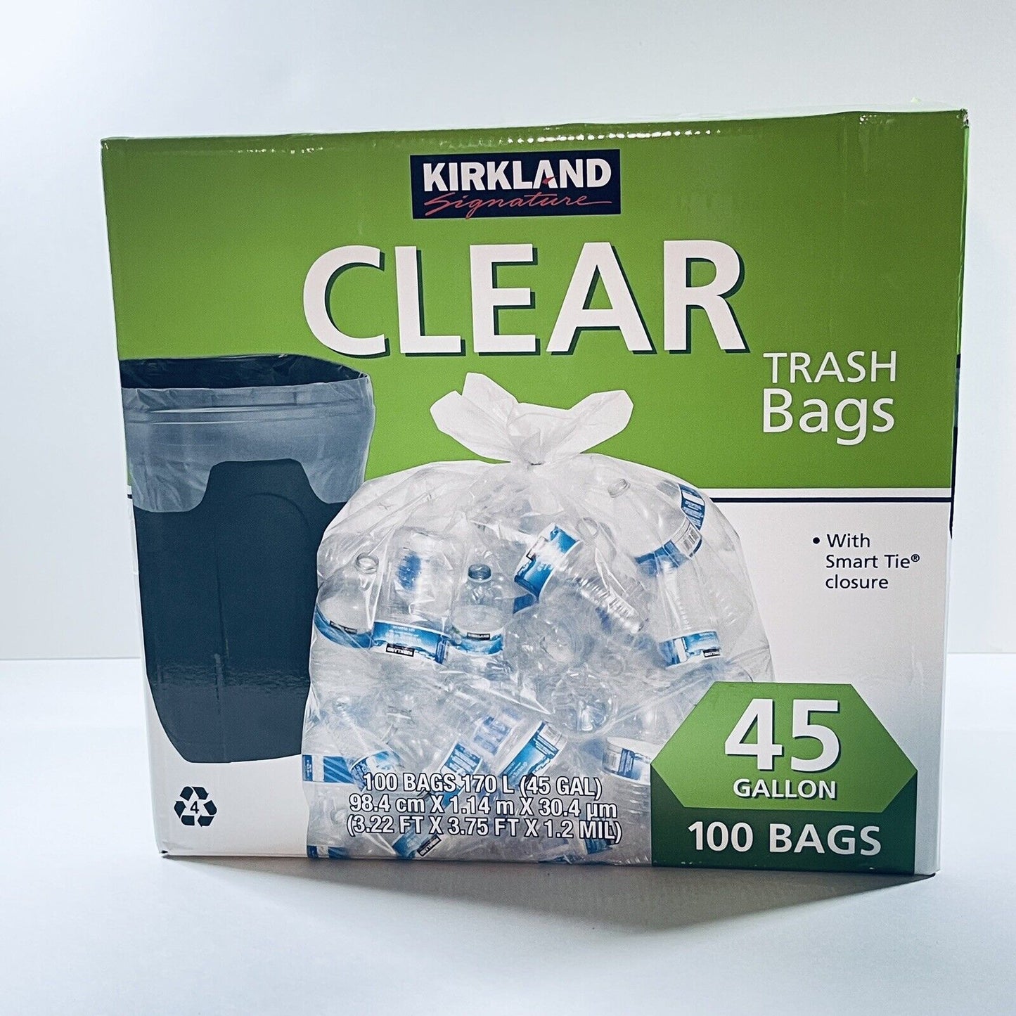 Kirkland Signature Trash Bags 100 Ct Clear 45 Gallon Smart Tie Closure 1.2 Mil