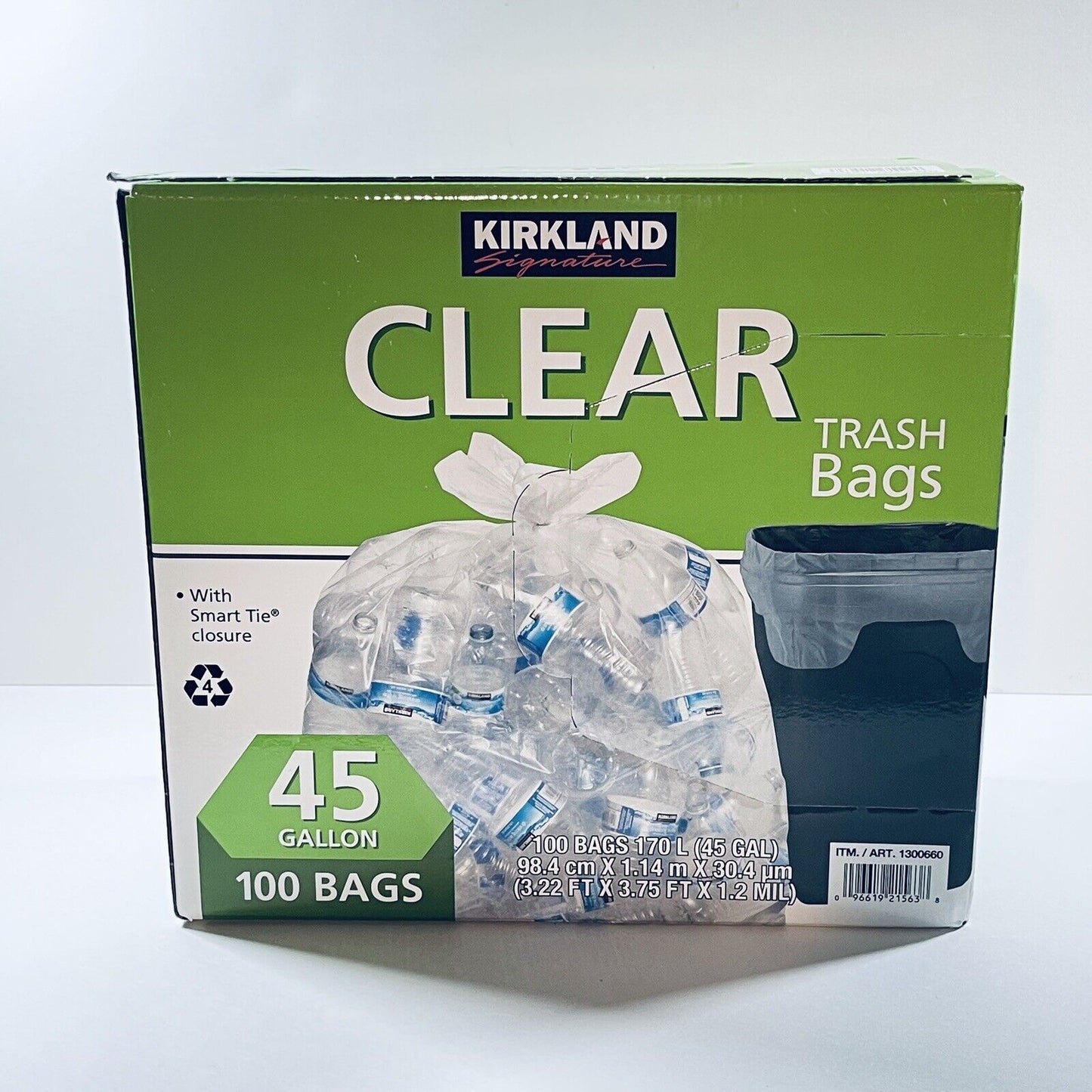 Kirkland Signature Trash Bags 100 Ct Clear 45 Gallon Smart Tie Closure 1.2 Mil