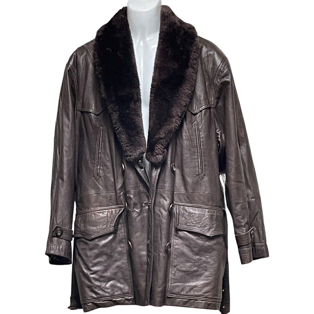 Vintage Maquette HE&I Brown Leather Fur Collar Belted Jacket Coat Lined Mens 40