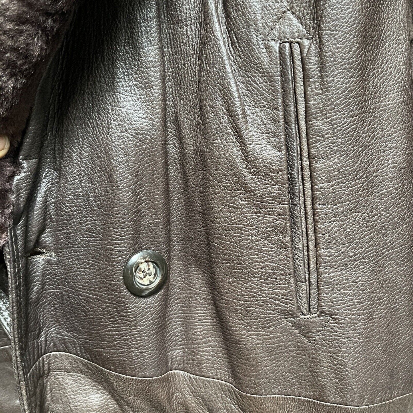 Vintage Maquette HE&I Brown Leather Fur Collar Belted Jacket Coat Lined Mens 40