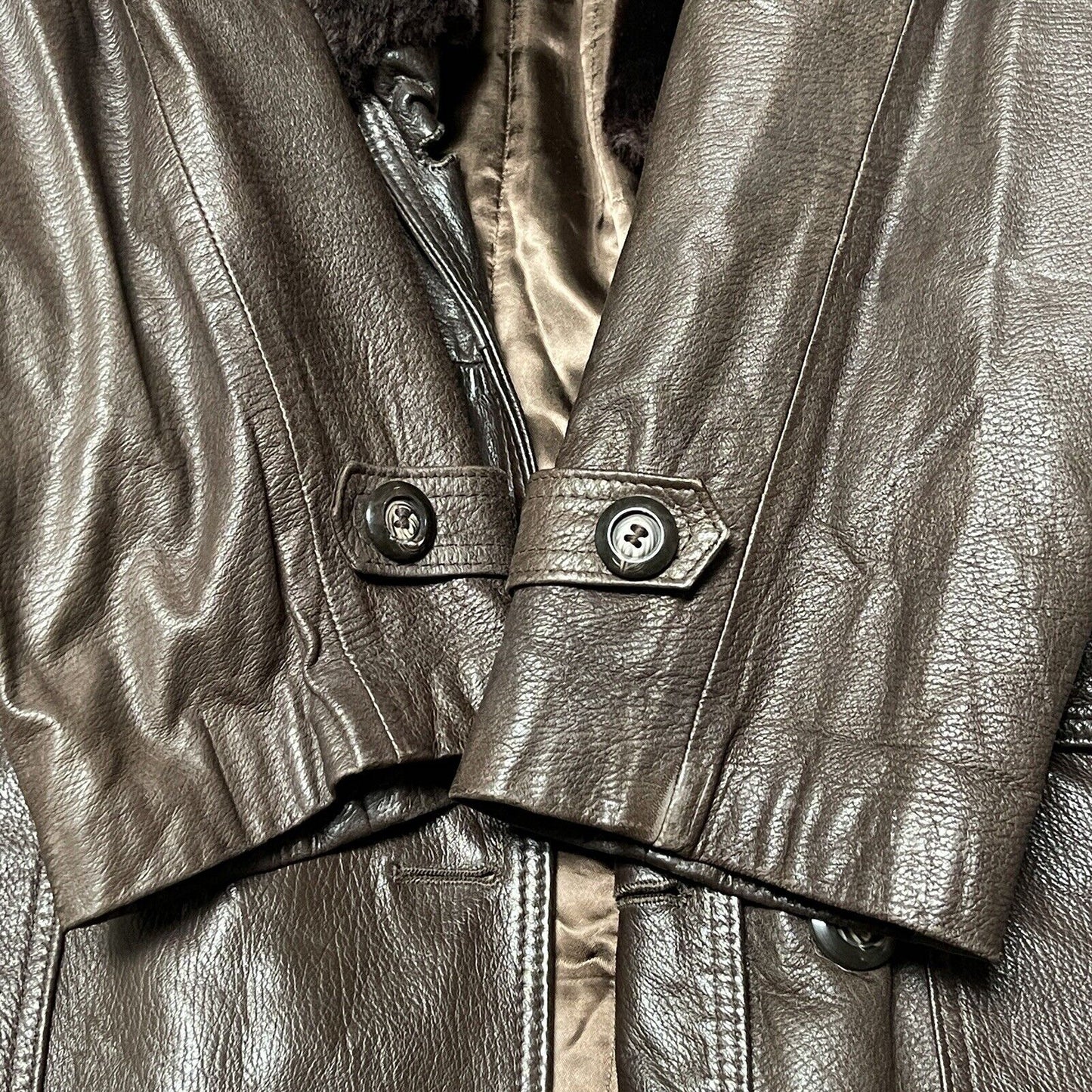 Vintage Maquette HE&I Brown Leather Fur Collar Belted Jacket Coat Lined Mens 40