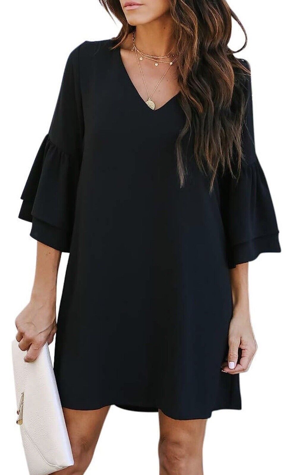 BELONGSCI Shift Dress NWT Womens Large Sweet Cute V Neck Bell Sleeve Ruffle Mini Dress
