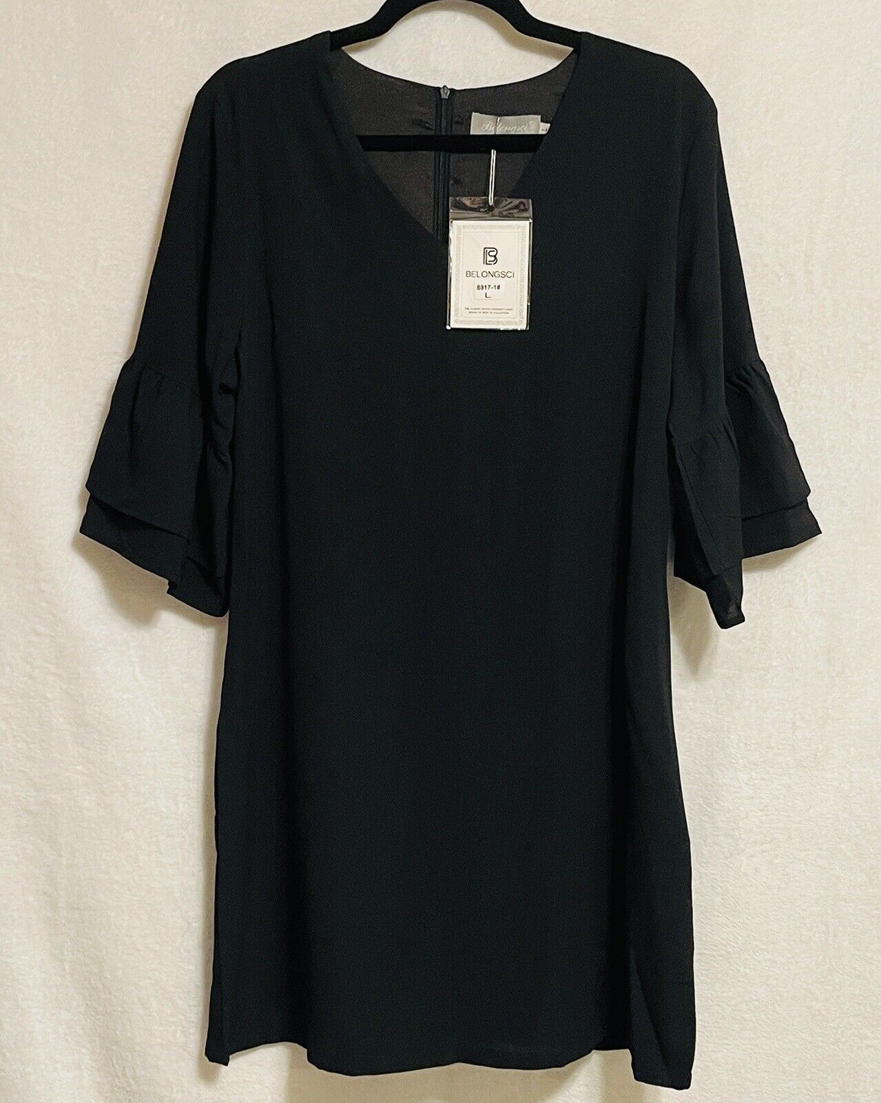 BELONGSCI Shift Dress NWT Womens Large Sweet Cute V Neck Bell Sleeve Ruffle Mini Dress