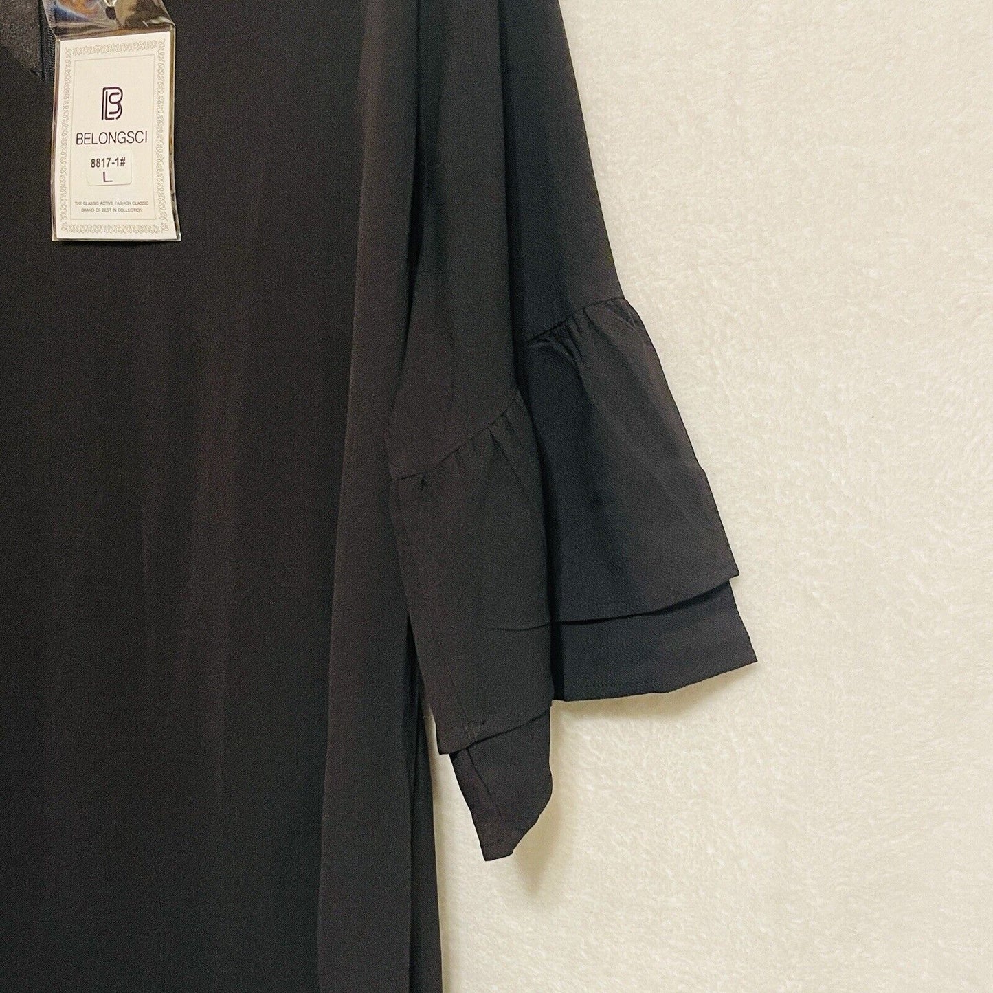 BELONGSCI Shift Dress NWT Womens Large Sweet Cute V Neck Bell Sleeve Ruffle Mini Dress