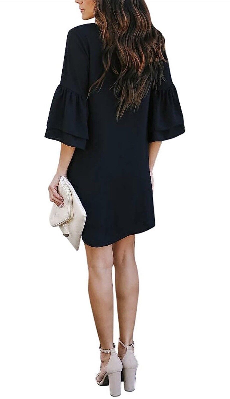 BELONGSCI Shift Dress NWT Womens Large Sweet Cute V Neck Bell Sleeve Ruffle Mini Dress