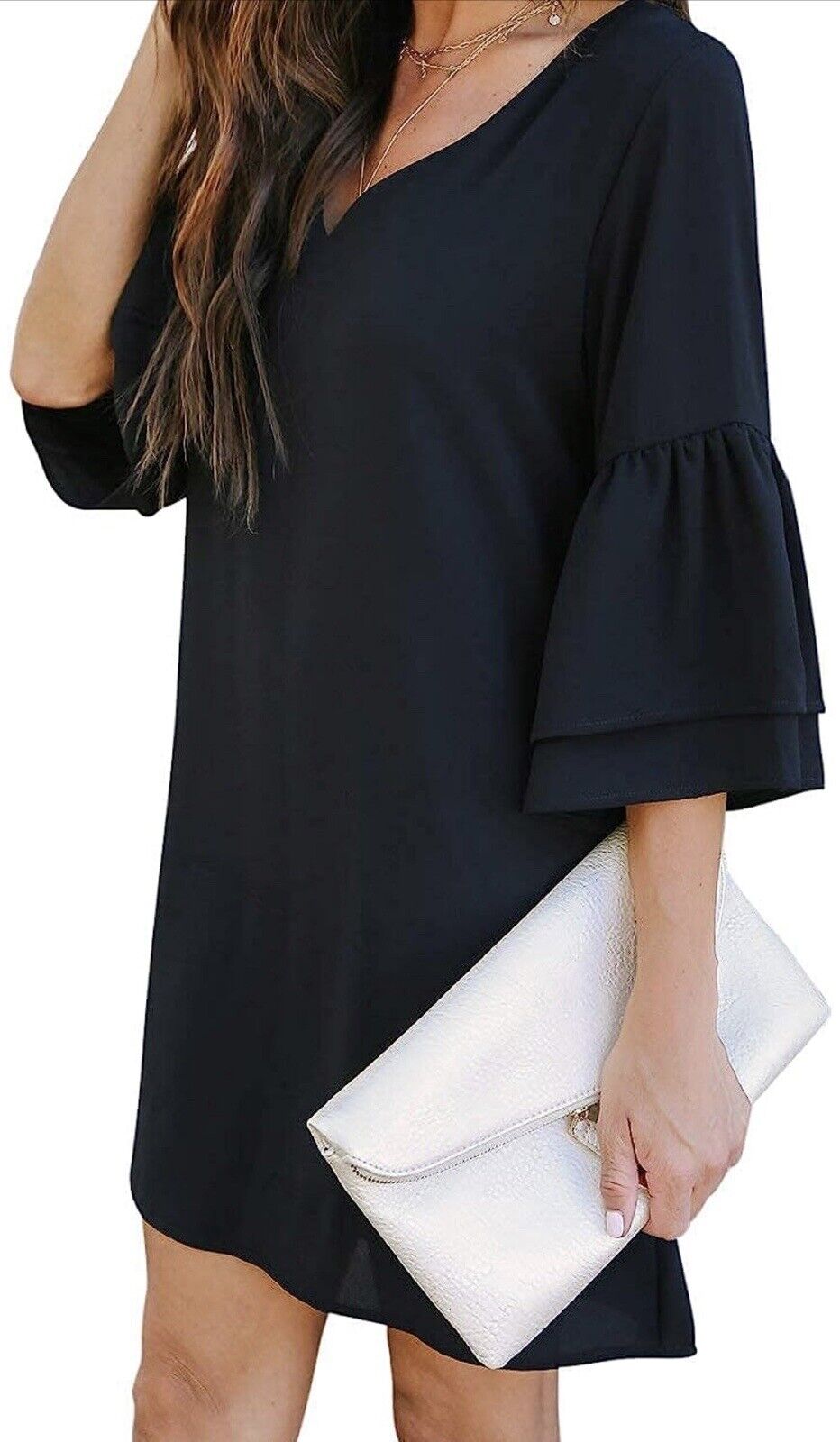BELONGSCI Shift Dress NWT Womens Large Sweet Cute V Neck Bell Sleeve Ruffle Mini Dress