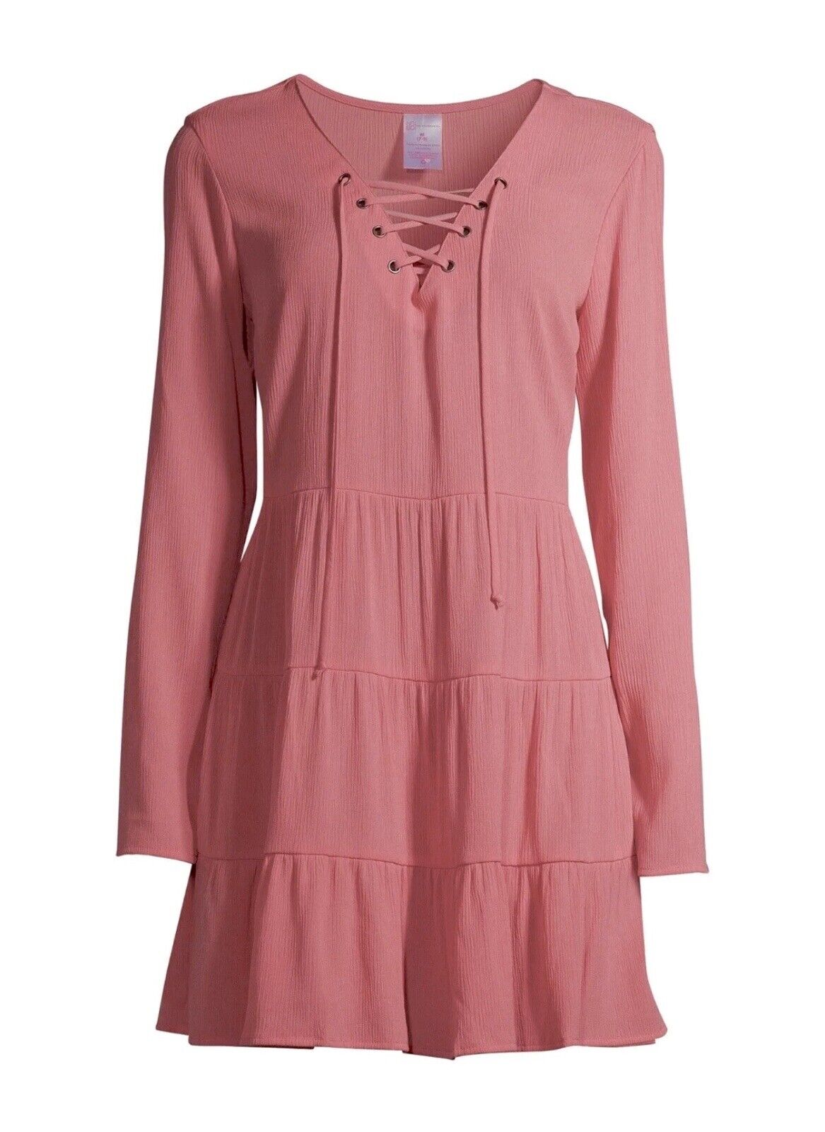 No Boundaries Pink Dress Juniors Large Lace Up V Neck Ruffle Tier Peasant Boho Dress