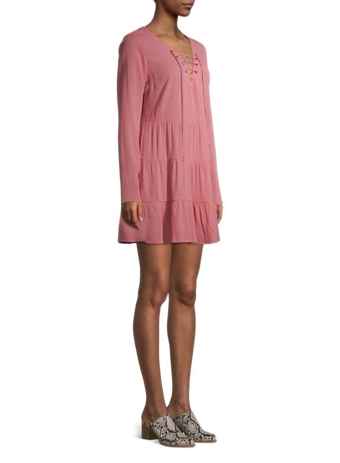 No Boundaries Pink Dress Juniors Large Lace Up V Neck Ruffle Tier Peasant Boho Dress