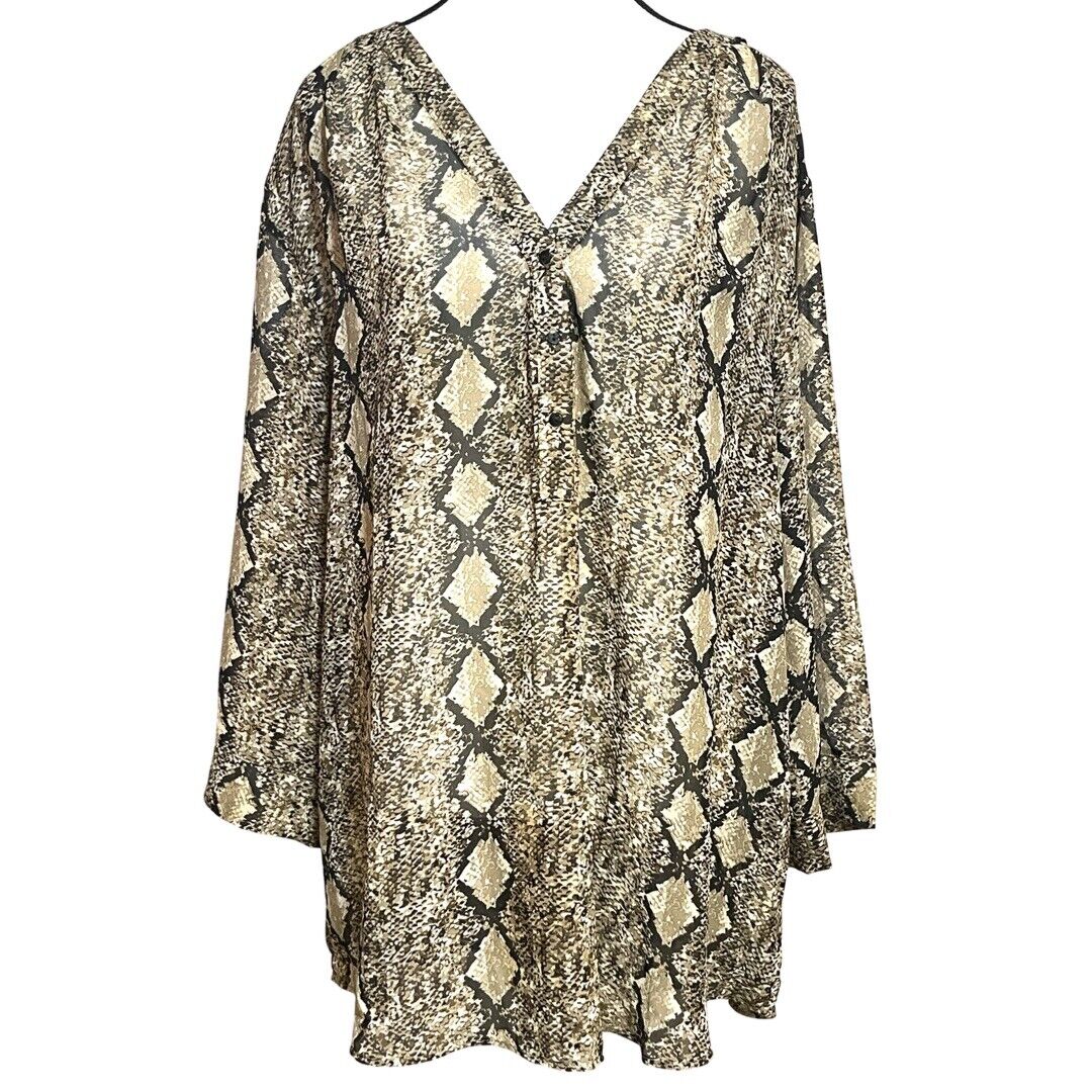 MIX & CO Sheer Shirt Tunic 3X Blouse Snake Print V-Neck Long Top Button Front