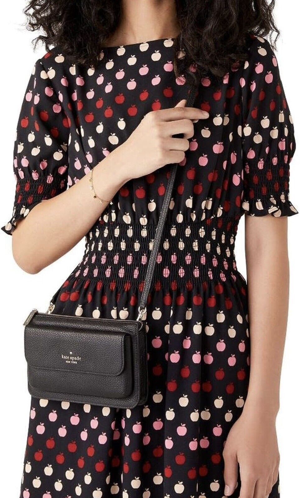 Kate Spade Leila Small Flap Crossbody Bag Pebbled Leather Pouch Purse Black Gold