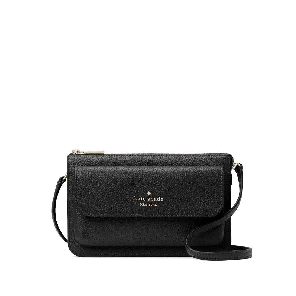Kate Spade Leila Small Flap Crossbody Bag Pebbled Leather Pouch Purse Black Gold