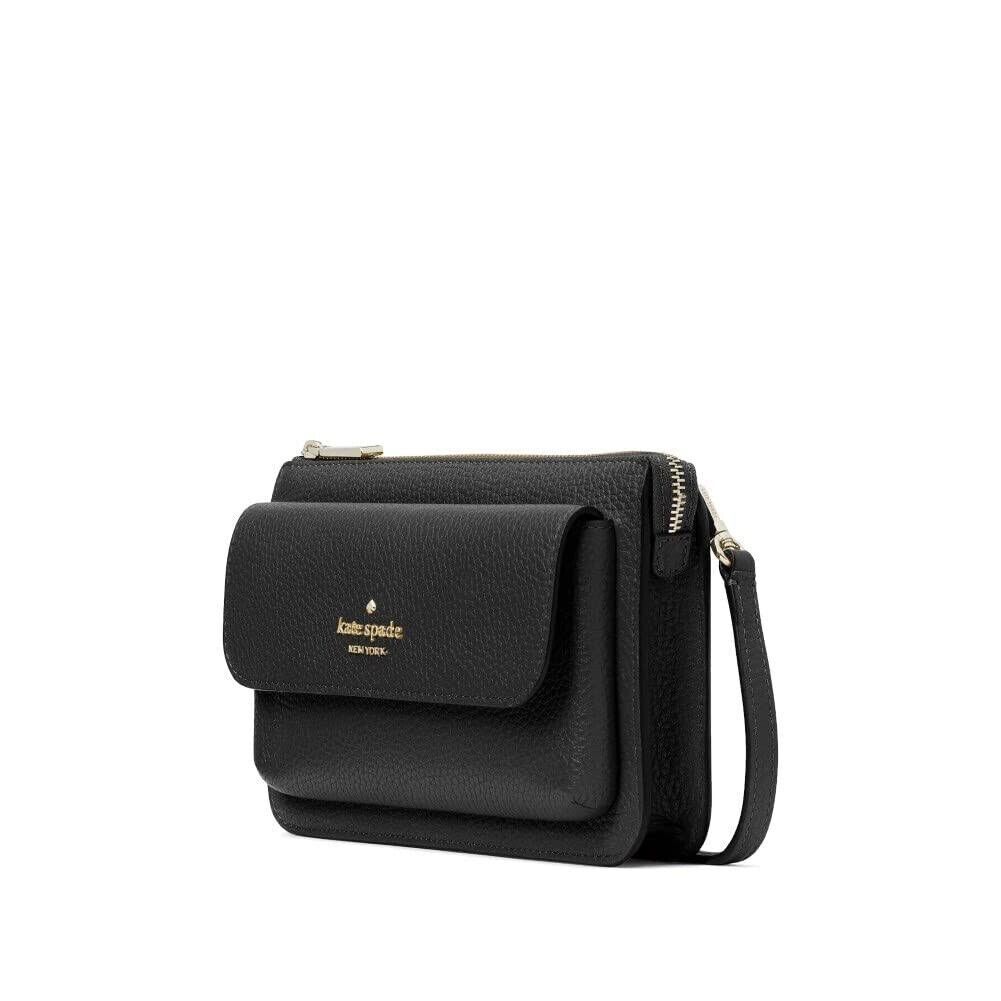 Kate Spade Leila Small Flap Crossbody Bag Pebbled Leather Pouch Purse Black Gold
