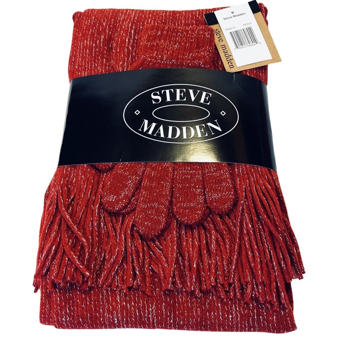 Steve Madden Womens Scarf Gloves Gift Set Red Silver Long Scarf Holiday Winter