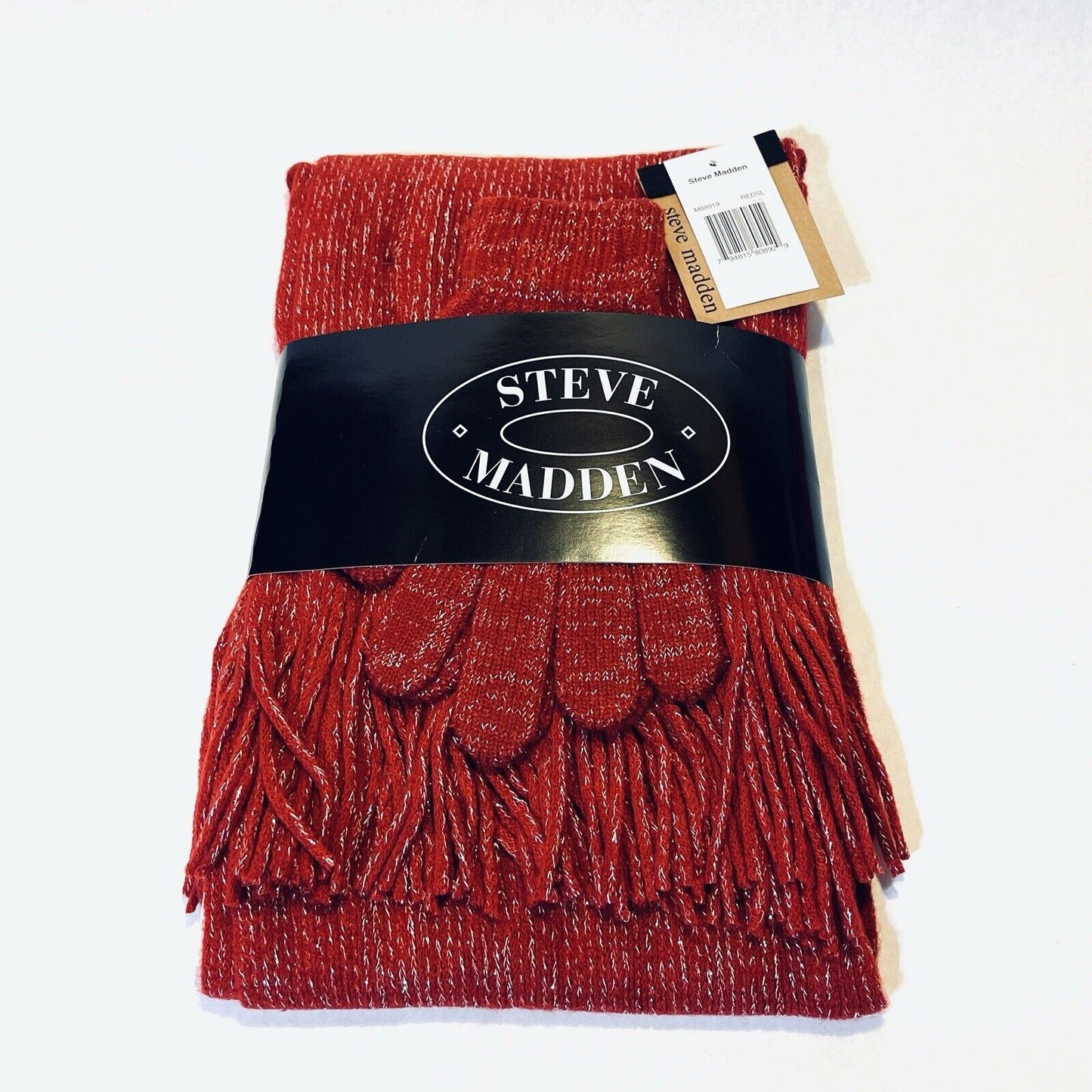 Steve Madden Womens Scarf Gloves Gift Set Red Silver Long Scarf Holiday Winter