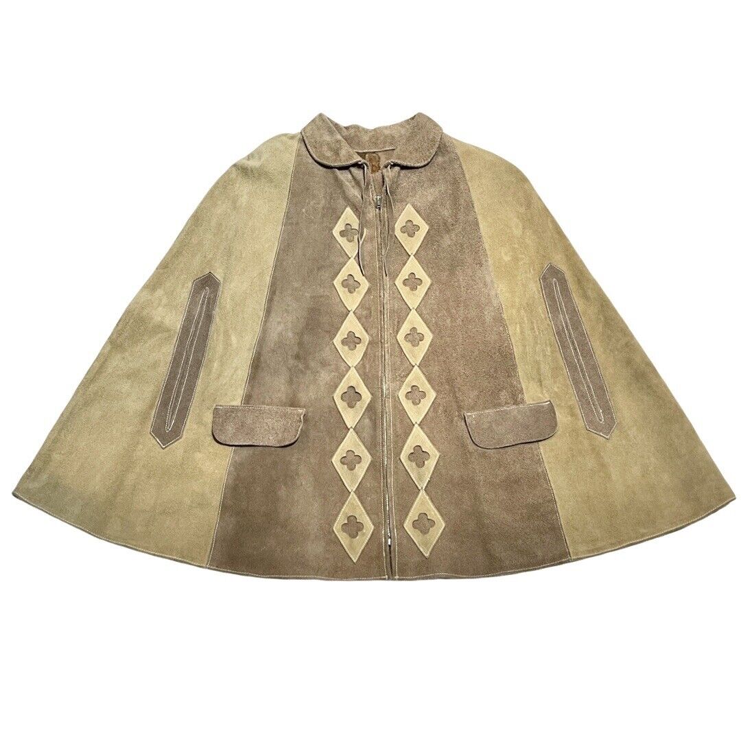 Vintage 60s Mexican Suede Leather Poncho Sz L Cape Boho Western Hippie Jacket