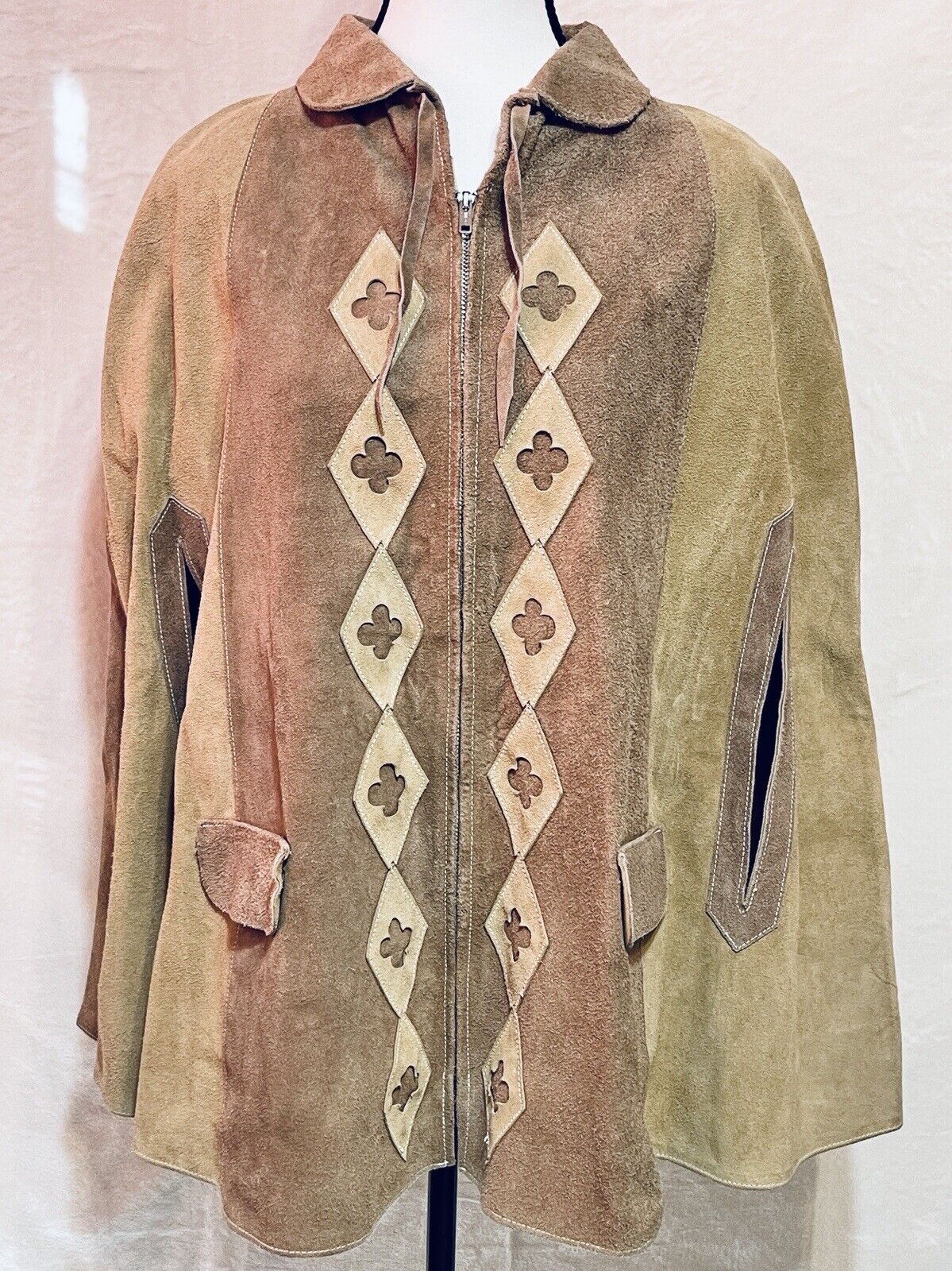 Vintage 60s Mexican Suede Leather Poncho Sz L Cape Boho Western Hippie Jacket