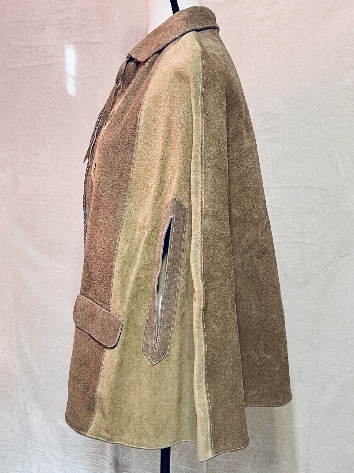 Vintage 60s Mexican Suede Leather Poncho Sz L Cape Boho Western Hippie Jacket