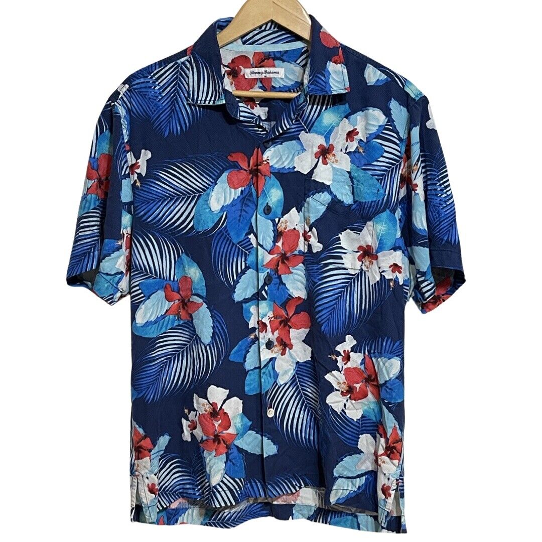 Tommy Bahama Silk Hawaiian Shirt Mens M Blue Tropical Palm Trees Ocean