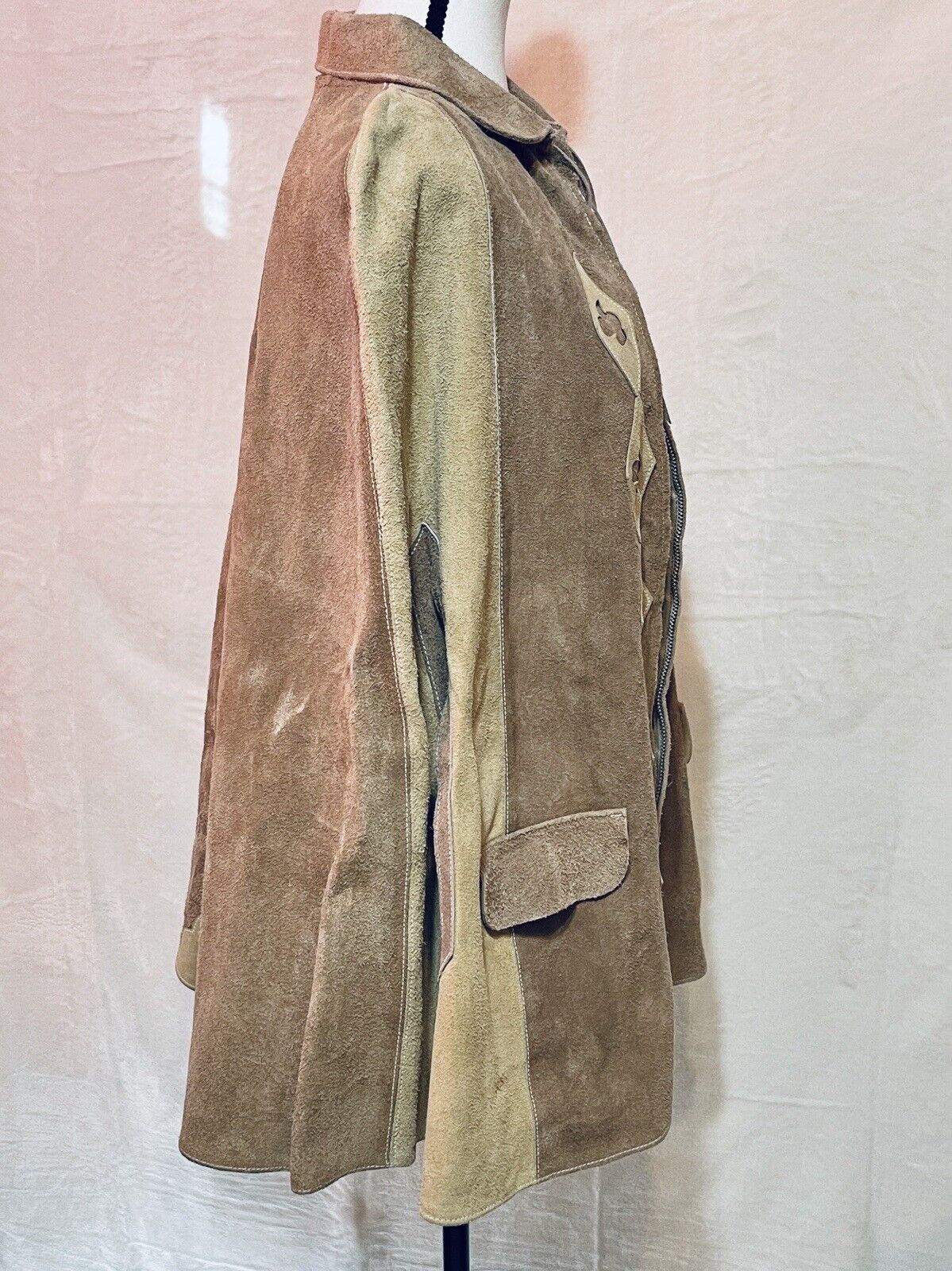Vintage 60s Mexican Suede Leather Poncho Sz L Cape Boho Western Hippie Jacket