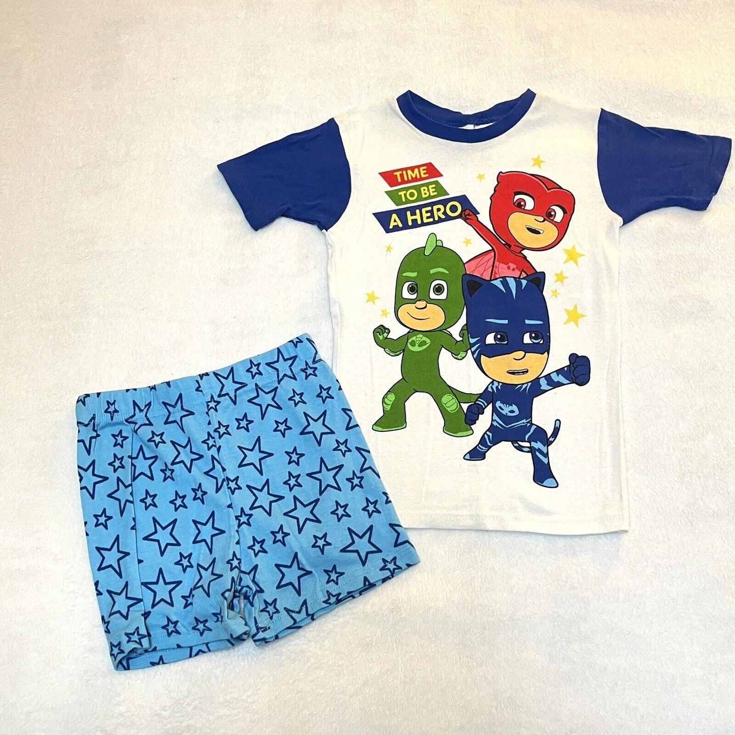 PJ Masks Sz 8 Pajama Set Time To Be A Hero Blue 2 Piece Short Sleeve Shorts PJs
