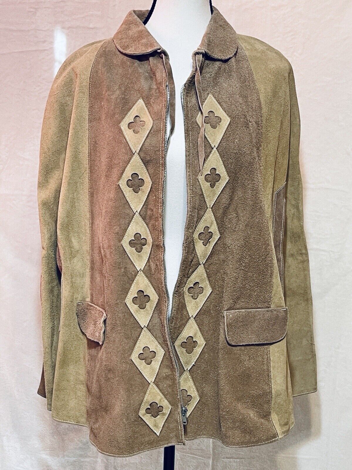 Vintage 60s Mexican Suede Leather Poncho Sz L Cape Boho Western Hippie Jacket