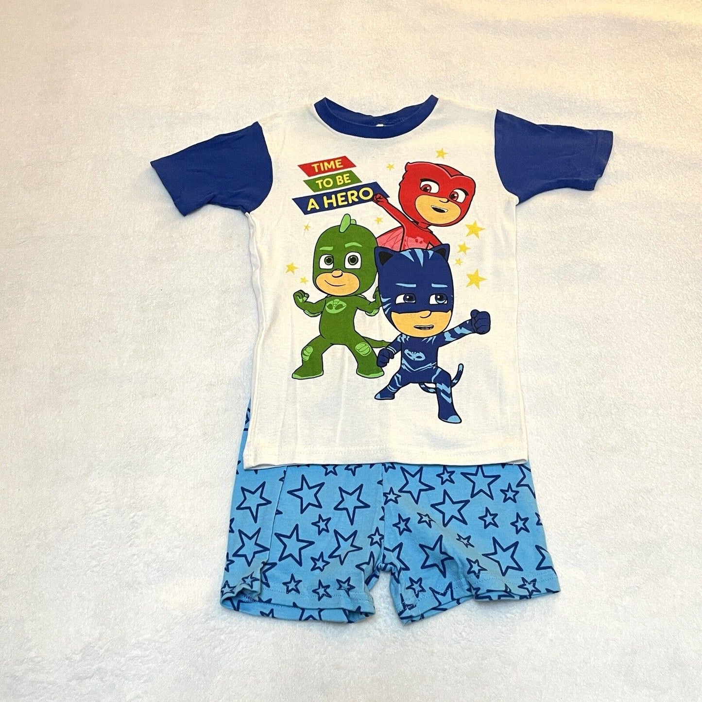 PJ Masks Sz 8 Pajama Set Time To Be A Hero Blue 2 Piece Short Sleeve Shorts PJs