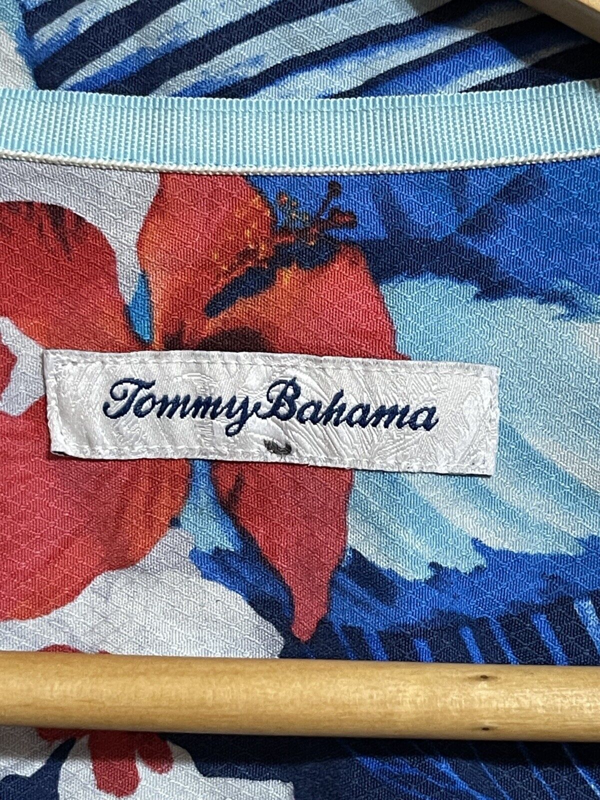 Tommy Bahama Silk Hawaiian Shirt Mens M Blue Tropical Palm Trees Ocean