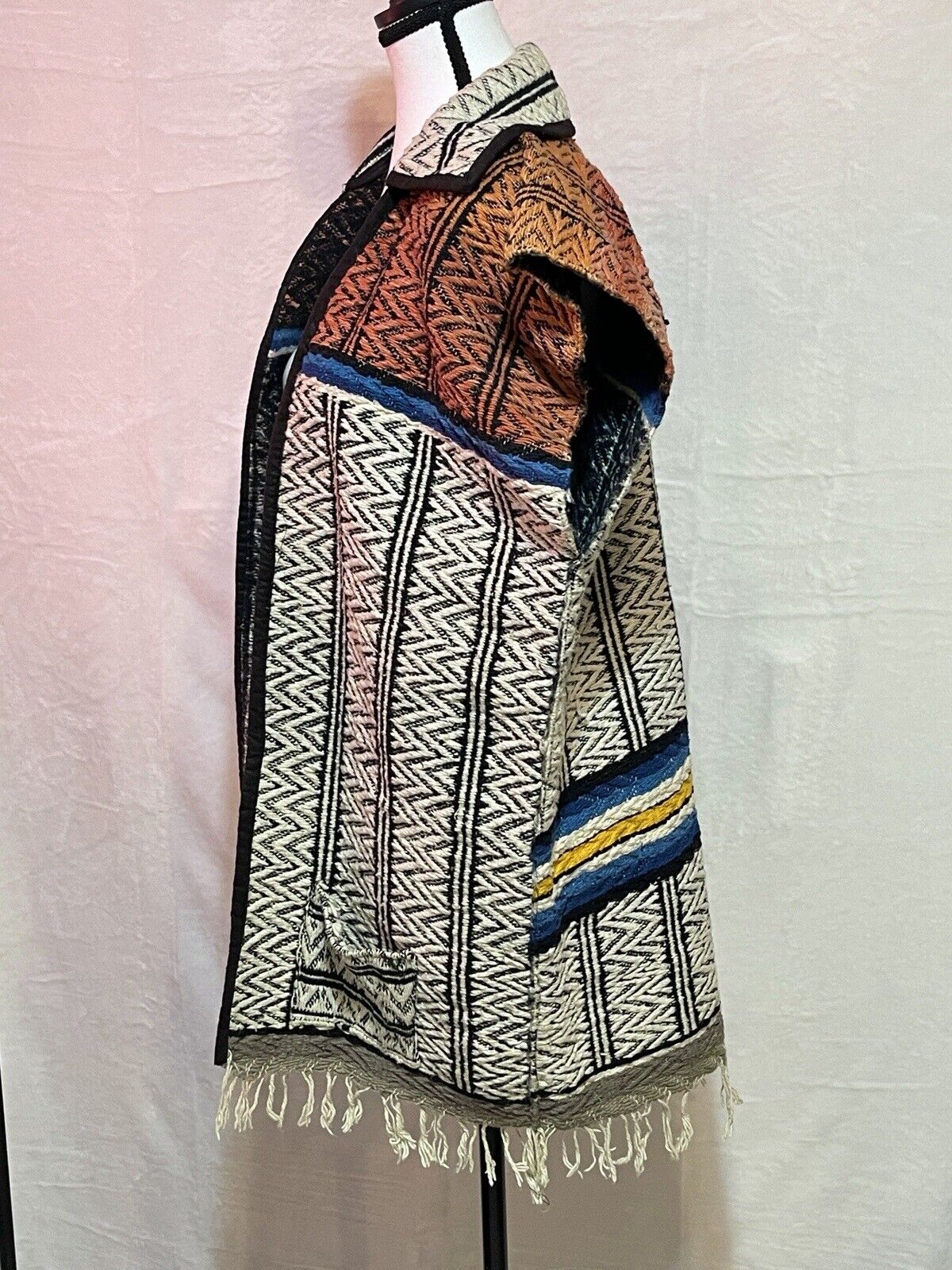 Vintage 60s Mexican Blanket Vest XL Serape Ruana Retro Poncho Fringe Pockets